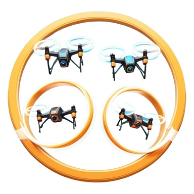 An icon featuring two racing drones flying at high speed through glowing rings on an obstacle course. Motion blur and a dynamic aerial path show intense competition. A controller appears in the corner. Transparent background highlights the thrill and precision of drone racing. sticker