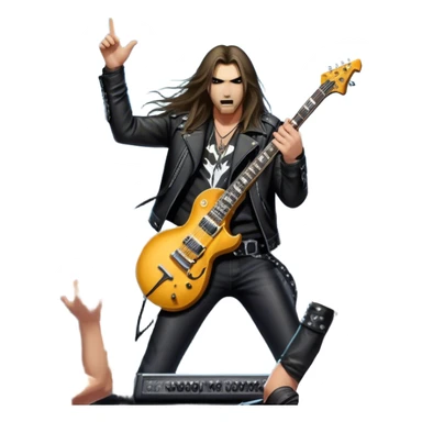 Icon for Heavy Metal: a metal band on stage, with electric guitars, drums, and a powerful vocalist. The atmosphere is intense with flashing lights, music notes, and a crowd of fans. The design should capture the energy and power of a live heavy metal performance. Transparent background. sticker