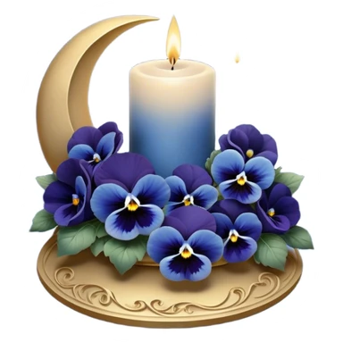 A dreamy celestial composition showcasing deep blue pansies with velvety petals, arranged around an intricately carved pearl-colored candle. The silver crescent moon in the background radiates a soft, celestial glow, illuminating swirling clouds with a hint of stardust. Floating lanterns drift gently through the night sky, casting warm, golden light. The scene is framed by delicate silver filigree patterns, giving it an elegant, almost magical feel. sticker