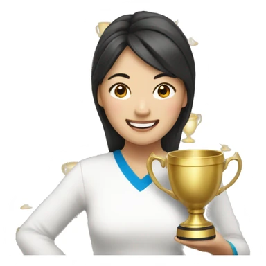 asian happy woman with a gold champion cup sticker