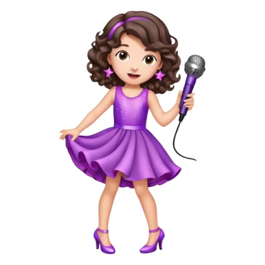 Cute Little brunette girl with curled hair singing into a microphone and dancing while wearing pink and purple and sparkles and high heel shoes sticker