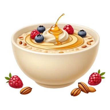 Cinematic creamy oatmeal, smooth texture with a swirl of honey on top, garnished with fresh berries and nuts, warm and comforting, cozy golden tones, rich and delicious. sticker