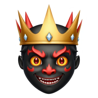 a black, shining crown with a devil face sticker