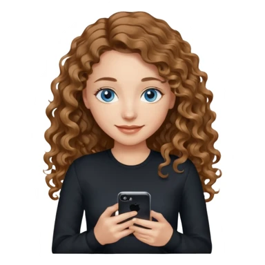 generate a pretty woman with blue eyes, light skin and medium brown long wavy almost curly shiny hair holding a phone she is looking at the phone while looking down at the screen. she is wearing an ALL black long sleeve. she is smiling sticker