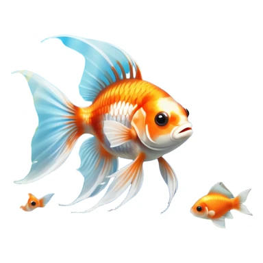 Large aquarium fish like veil tails and lionhead goldfish swimming gracefully in a beautifully decorated aquarium. Colorful aquatic plants, smooth rocks, and gentle bubbles surround the fish. The water shimmers in sunlight, creating a peaceful and vibrant underwater scene. Transparent background. sticker