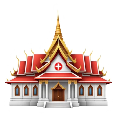 Traditional Thai hospital with pointed roof architecture, red cross symbol, ornate details, with traditional Thai architectural elements sticker