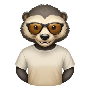 friendly anthropomorphised honey badger head and neck wearing sunglasses, top of t-shirt visible sticker