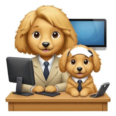 golden retriever receptionist emoji, with a computer and phone on the desk, approachable look sticker