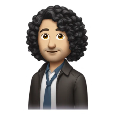 tim robinson with shoulder length curly black hair, wide triangular shape sticker