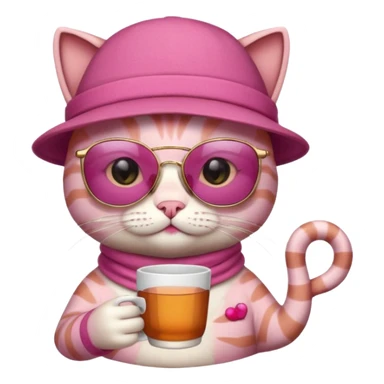 Pink cat with hat, holding cup of tea, wearing sunglasses sticker
