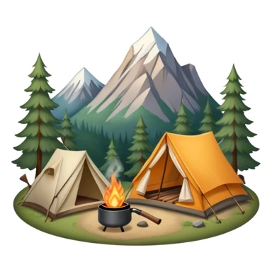 Icon for Hiking: a tent, and a kettle over a campfire, surrounded by trees and a mountain trail, a backpack, a walking stick. The icon should capture the adventure and warmth of camping. Transparent background. sticker