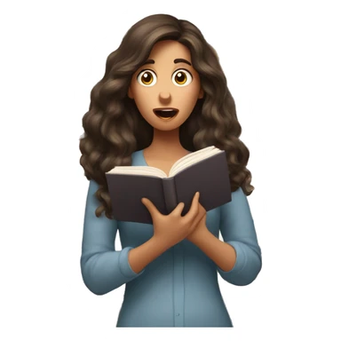 brunette long wavy hair woman shocked face while holding and reading book sticker