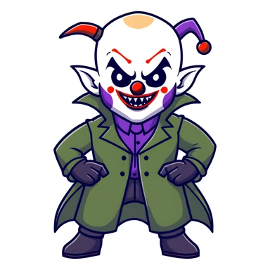 evil clown warrior, bald, small black horns on forehead, fangs, pointed ears, eye patch over one eye, long coat over black and military green leisure suit with bellbottom pants, tail, holding a whip, no knife, realistically proportioned, less bulky, full body visible, battle-ready fighting posture sticker