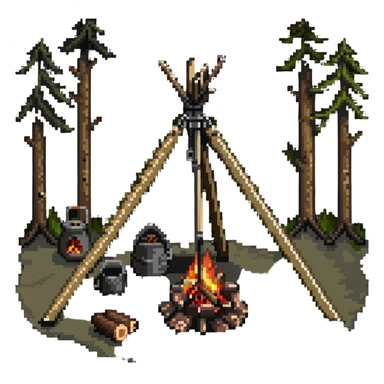 bushcraft wilderness campfire with tripod cooking setup and log seats sticker