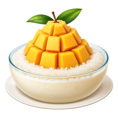 cinematic-realistic-mango-sticky-rice-dessert-emoji,-showcasing-sweet-sticky-rice out of a mould-paired-with-ripe-mango-slices-and-coconut-milk-rendered-with-lifelike-detail-and-warm,-inviting-lighting with the coconut  milk over the rice sticker