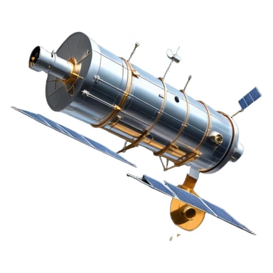 cinematic-realistic-hubble-space-telescope-emoji, an awe-inspiring, ultra-detailed depiction of the Hubble Space Telescope floating in space, its large, reflective metallic surface gleaming against the backdrop of the infinite blackness. The telescope's vast solar panels extend outwards, catching the light from distant stars, while its intricate, cylindrical body showcases advanced, precise engineering. The telescope's large, hexagonal lens is pointed towards the cosmos, surrounded by mechanical components, wires, and sensors. The detailed textures of the telescope’s metallic exterior, the shiny reflective coating, and the intricate grid-like solar panels are sharply contrasted against the void of space, with distant stars and nebulae faintly visible in the background, adding to the sense of scale and technological marvel; rendered with extreme realism and attention to detail. sticker