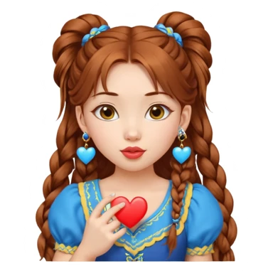 A cute ukrainian girl, looks slightly mongolian with full lips, with long auburn hair two side ponytails plaited, has heart earrings in the ukrainian yellow and blue, and is wearing her little black dress, she is blowing a kiss. sticker