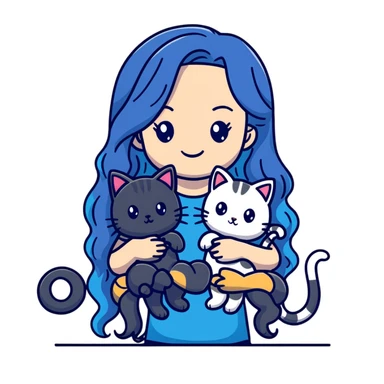 Girl with long wavy blue hair holding three cats, one black cat, one grey cat, and one grey-striped cat sticker