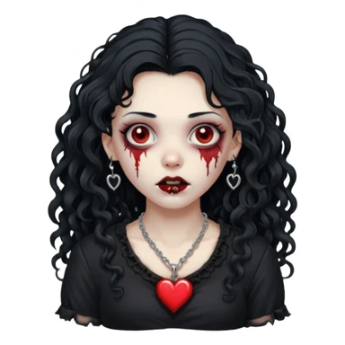 a zombie girl with a scar on her face, long curly hair, wearing a black blouse and a silver necklace with a heart pendant. sticker