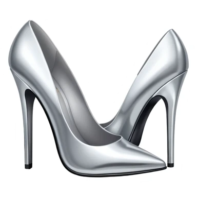 A pair of high heel shoes emoji made of polished silver chrome, elegant sharp silhouette, smooth metallic surface, glossy reflections, luxury sexy vibe, minimalistic iOS emoji style, centered, clean white background sticker