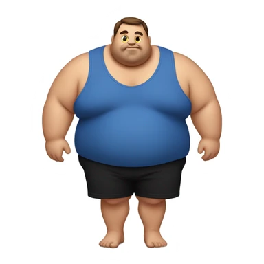 fat man showing his belly, blue pulled up shirt and black shorts sticker