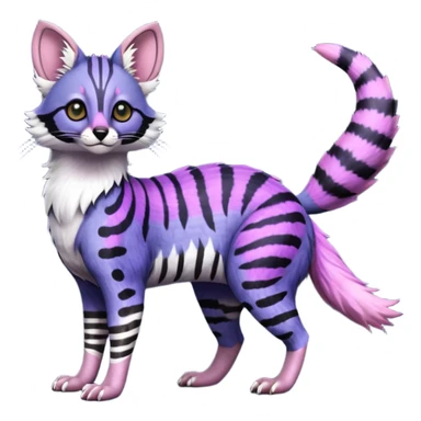 Beautiful fluffy vibrant soft exotic elegant spotted dotted thick puffy hyper-realistic lifelike furry Indigo, purple, violet, pink, Civet-Genet-Possum-Serval-Caracal-Sergal-Trico-Numbat-Furret-fusion-Fakemon-hybrid-creature (full body) with long tufted ears and a striped tufted tail  sticker