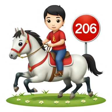 l little chinese boy riding on a  cute horse running on the grass with 2026 year label sticker