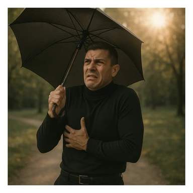 Create a symbolic 4k realistic scene in a park, showing a man with an umbrella and worried expression blocking the sunlight. The man looks uncomfortable and fearful. The sunlight is natural and warm, but the man is tense and defensive. Use muted colors and expressive body language, symbolizing confusion about sunlight and health. Use the reference image for facial features and general appearance. sticker