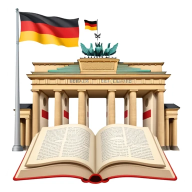 An icon featuring the Brandenburg Gate and the big flag of Germany, symbolizing the German language. The design includes an open book with German text representing language learning and German culture. Transparent background highlights the essence of German heritage. sticker