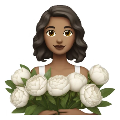 a white girl with shoulder length dark brown hair, brown eyes, small rosy lips holding a bouquet of white peonies sticker