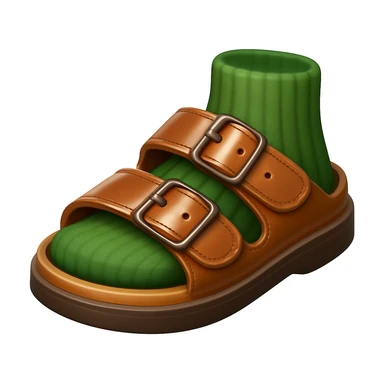 Create a shoe emoji that looks exactly like the reference image in iOS emoji style. The shoe should be 3D with shiny, smooth gradients, soft shadows, and a realistic brown sandal with straps, capturing the classic emoji look. Add a glossy effect to the leather. sticker