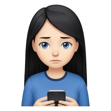 Cartoon emoji of a girl with long, straight black hair, fair skin, gentle blue eyes. Wearing a navy top, looking miserable and stressed, scrolling on her phone or watching TikTok. Smooth, simple, stylized. sticker