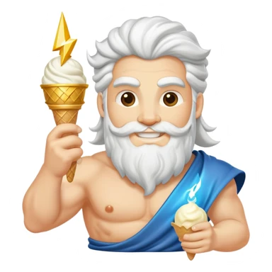 smiling Zeus with white ice cream and lightning bolt sticker