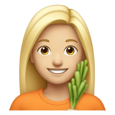 smiling girl with blonde hair holding a carrot  sticker