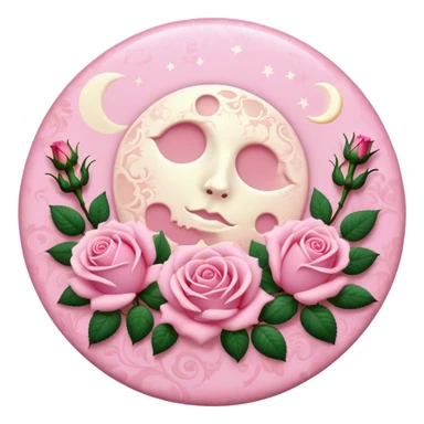 A round pink button with a light cream full damask moon and pink roses in the center sticker