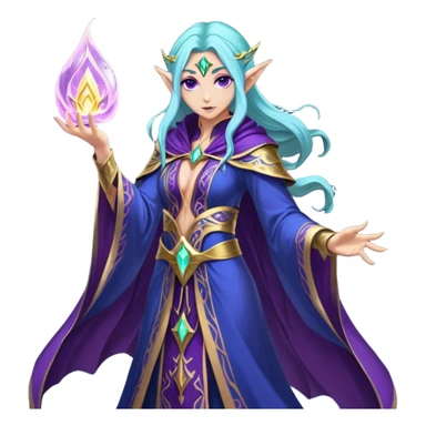 Cinematic Realistic WoW Elf Mage Portrait, captured in a dynamic, battle-ready stance, her graceful form exuding raw arcane energy. Her luminous skin and delicate features, set against an intricately detailed robe in consistent deep blues and purples with golden accents, are rendered with lifelike texture and dynamic, magical lighting, high shine, fierce and commanding, embodying the relentless spirit of an elven sorceress mid-spell. sticker