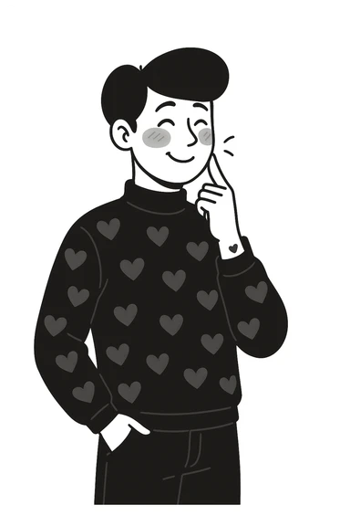Make the handsome black-haired guy smile more, keeping his dreamy, flushed look and subtle romantic hints that his boyfriend is the cause of his low blood pressure. sticker