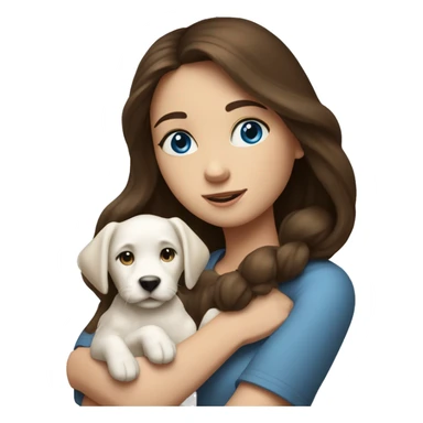 brunette girl with blue eyes holds a puppy of a very long white dog in her arms sticker