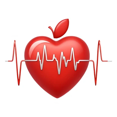 glossy red heart with thin white electrocardiogram (EKG) line in classic PQRST waveform, soft gradients and highlights, Apple iOS style emoji sticker