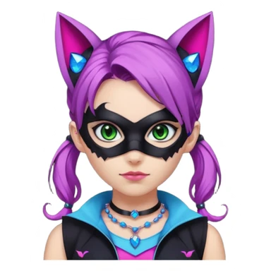 Girl with green eyes, wearing a bat mask with pink stones, and her hair tied in a ponytail, the hair is purple, blue, and pink streaks, with black cat ears with pink stones, wearing a black shirt that covers the neck, and a sleeveless blue jacket, and a necklace of pink stones sticker