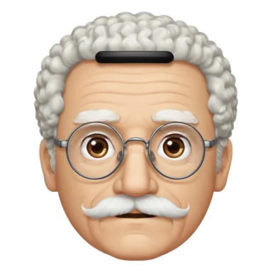 An elderly man emoji with light skin, fluffy curly white hair, thick white eyebrows, brown eyes behind black-framed glasses, a small nose, and neatly groomed white facial hair — a mustache and a short goatee. sticker
