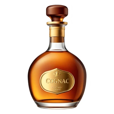 bottle of cognac, small elegant glass bottle with amber-brown liquid, rounded or classic tapered shape, short neck, gold or dark cap, clear slightly reflective glass, rich color of spirit, minimal or blank label, clean 3D look, soft lighting, no glass or extra elements, no faces, emoji scale sticker