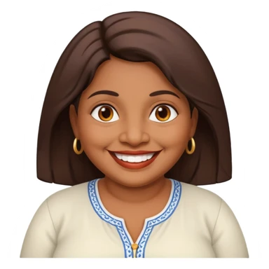 50 yr old chubby Sri Lankan woman, dark skin, straight brown hair, big smile, white teeth, european clothes, hair sticker