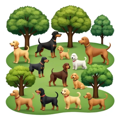 Collage of various dog breeds like Doberman, Poodle, Dachshund, and Golden Retriever, playing in a park with trees and grass. Some dogs run, others sit, all are full of energy and happiness. A joyful, colorful scene with playful expressions. Transparent background. sticker