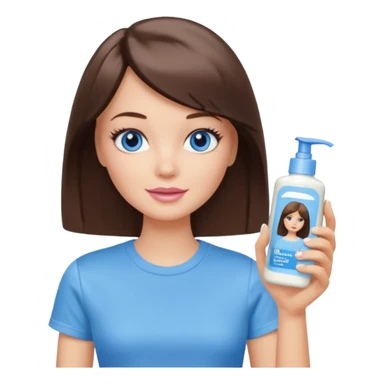Barbie girl with makeup, blue eyes , and bob long haircut, short brown hair in creamy color T-shirt, holding a facial Wash Cream in her hand sticker