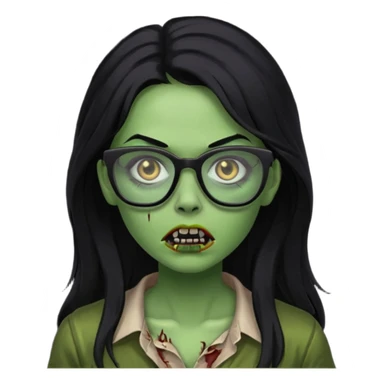 crie um emoji de zumbi feminino, com pele verde, óculos preto e cabelo longo preto sticker