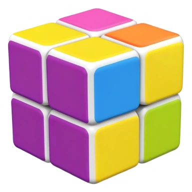 A 3x3 Rubik's Cube with candy-colored bright scheme: bubblegum pink, lemon yellow, bright blue raspberry, lime green, grape purple, tangerine orange, minimalist iOS emoji style sticker