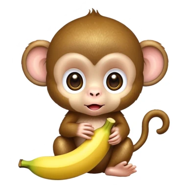 extremely adorable kawaii baby monkey with huge sparkly eyes peeling a banana sticker