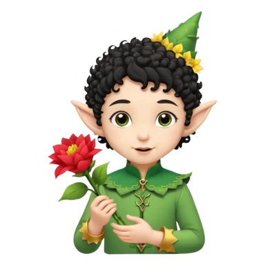 Tiny elf baby black curly hair with pointy ears, hold flowers sticker