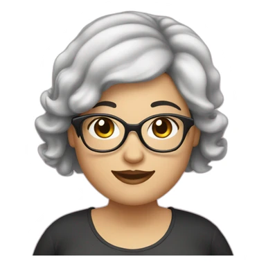 A chubby white young woman with black hair glasses and smiling sticker